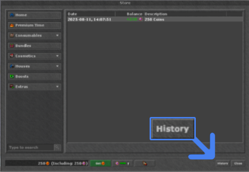 The History button is in the bottom-right corner of the Tibia Store